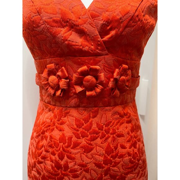 Ellen Tracy Jacquard Floral Orange V-neck Sleeveless Sheath Dress Size Small - Picture 4 of 14